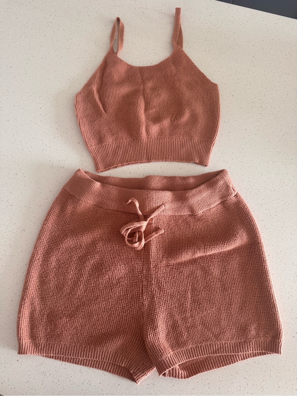Knit High-Waist Drawstring Shorts Set - Terracotta Orange